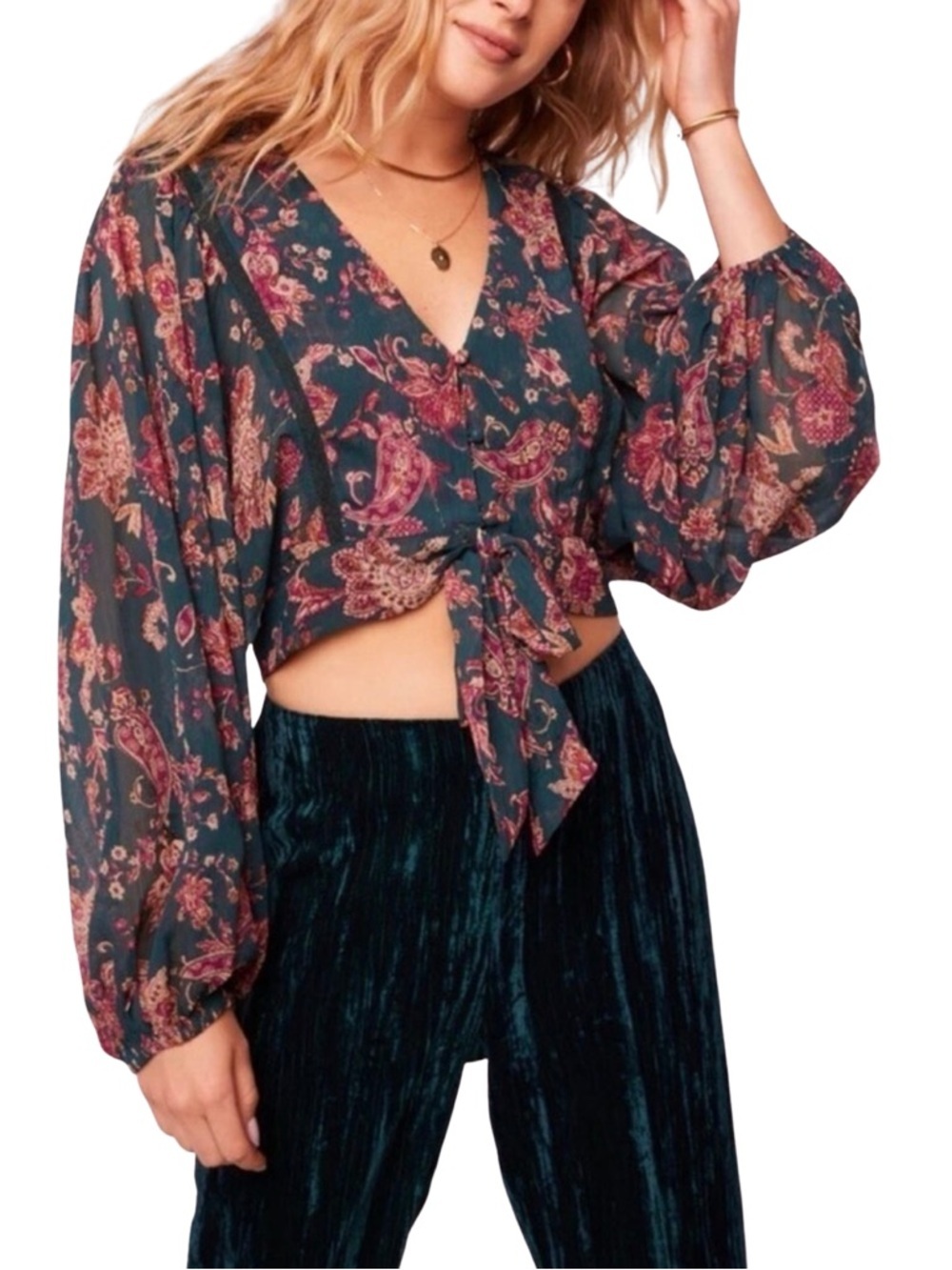 NWT Band of the Free River Deep Pine Paisley Crop Tie Top Women Small